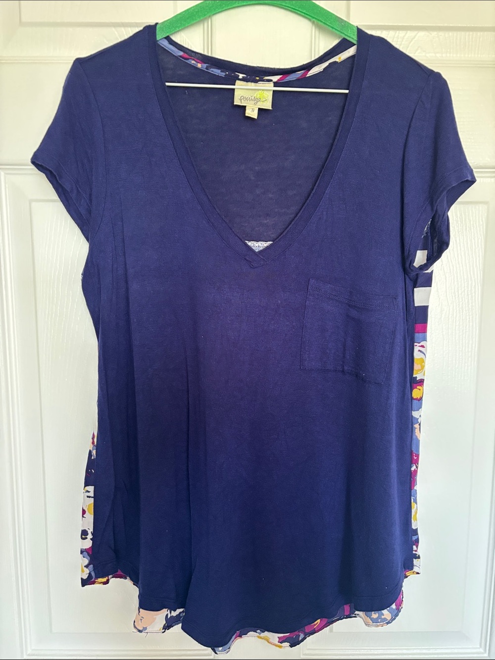 Anthropologie Navy V-Neck Short Sleeve Pocket Top with Floral Side Panels